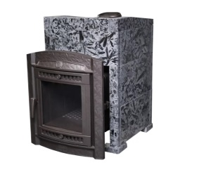Печь-каменка чугунная АТМОСФЕРА L дверца со стеклом в облицовке ПИРОКСЕНИТ ЭЛИТ (12-20 м.куб)