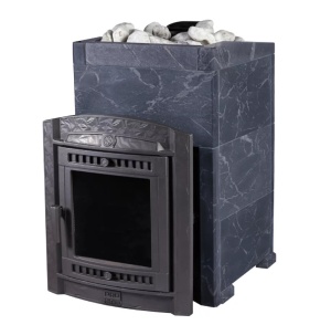 Печь-каменка чугунная АТМОСФЕРА L дверца со стеклом в облицовке ТАЛЬКОХЛОРИТ (22 м.куб)